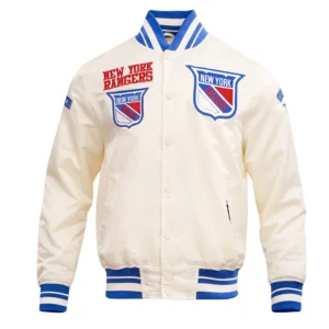 New York Rangers Retro Classic Cream Satin Varsity Jacket