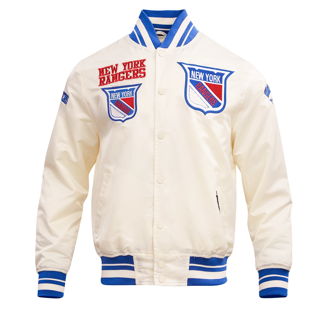 New York Rangers Retro Classic Cream Satin Varsity Jacket