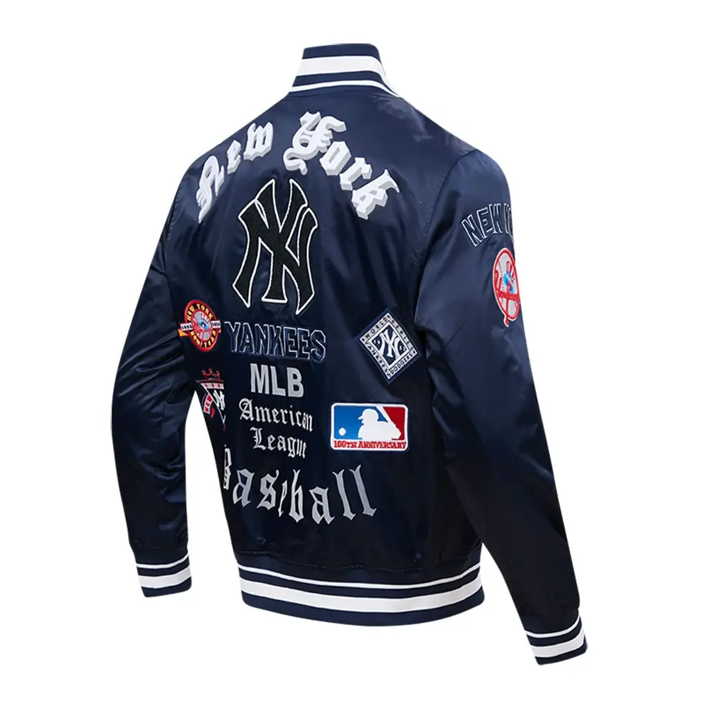 New York Yankees Pro Standard Old English Full-Snap Satin Navy Varsity Jacket - Image 2