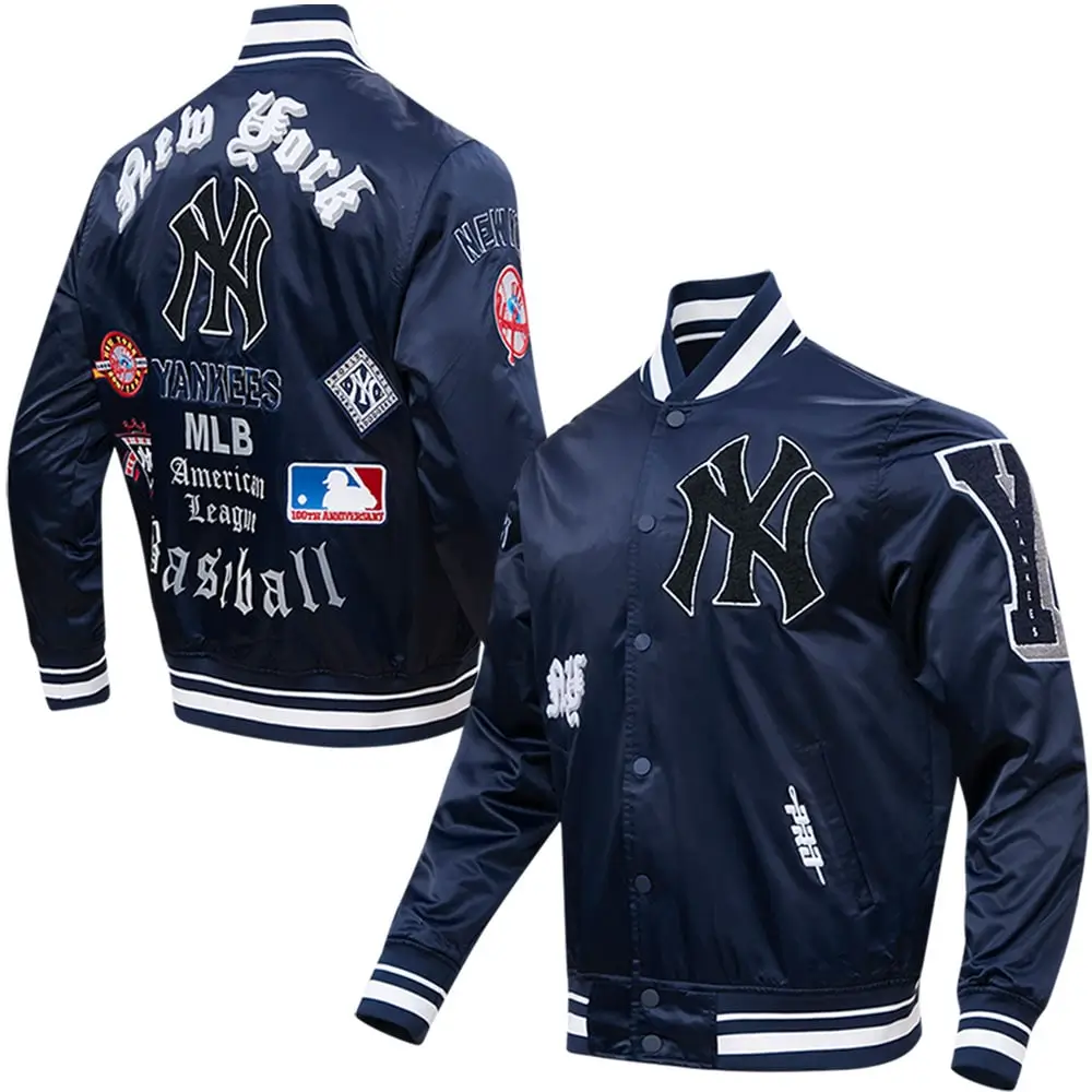 New York Yankees Pro Standard Old English Full-Snap Satin Navy Varsity Jacket - Image 8