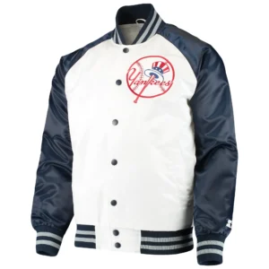 New York Yankees Lead Off Clean-Up Hitter Full-Snap Satin White & Navy Varsity Jacket
