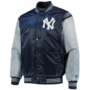 New York Yankees Starter The Enforcer Full-Snap Satin Navy & Gray Varsity Jacket