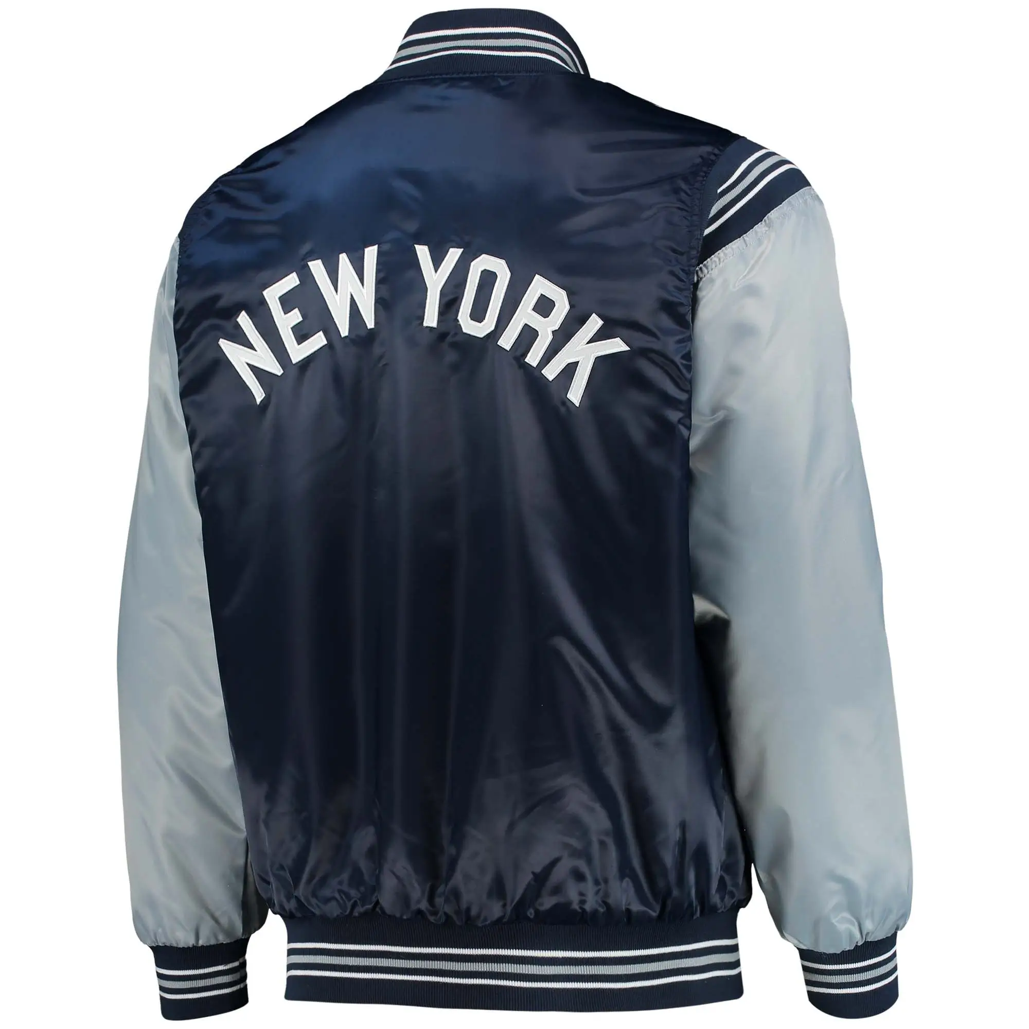 New York Yankees Starter The Enforcer Full-Snap Satin Navy & Gray Varsity Jacket - Image 2
