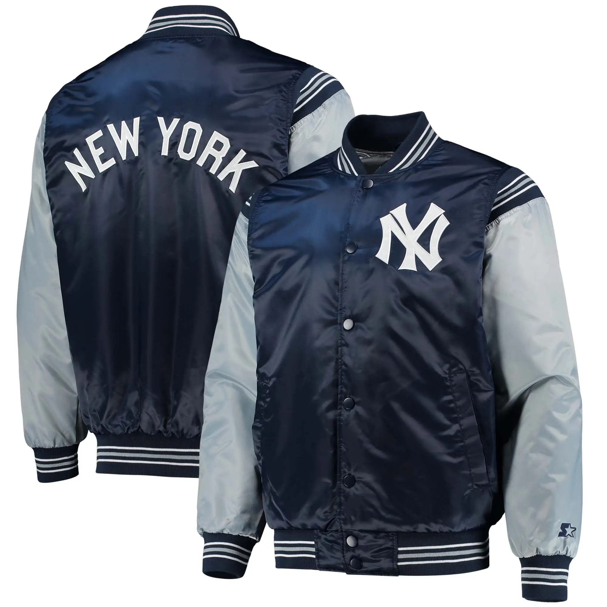 New York Yankees Starter The Enforcer Full-Snap Satin Navy & Gray Varsity Jacket - Image 4