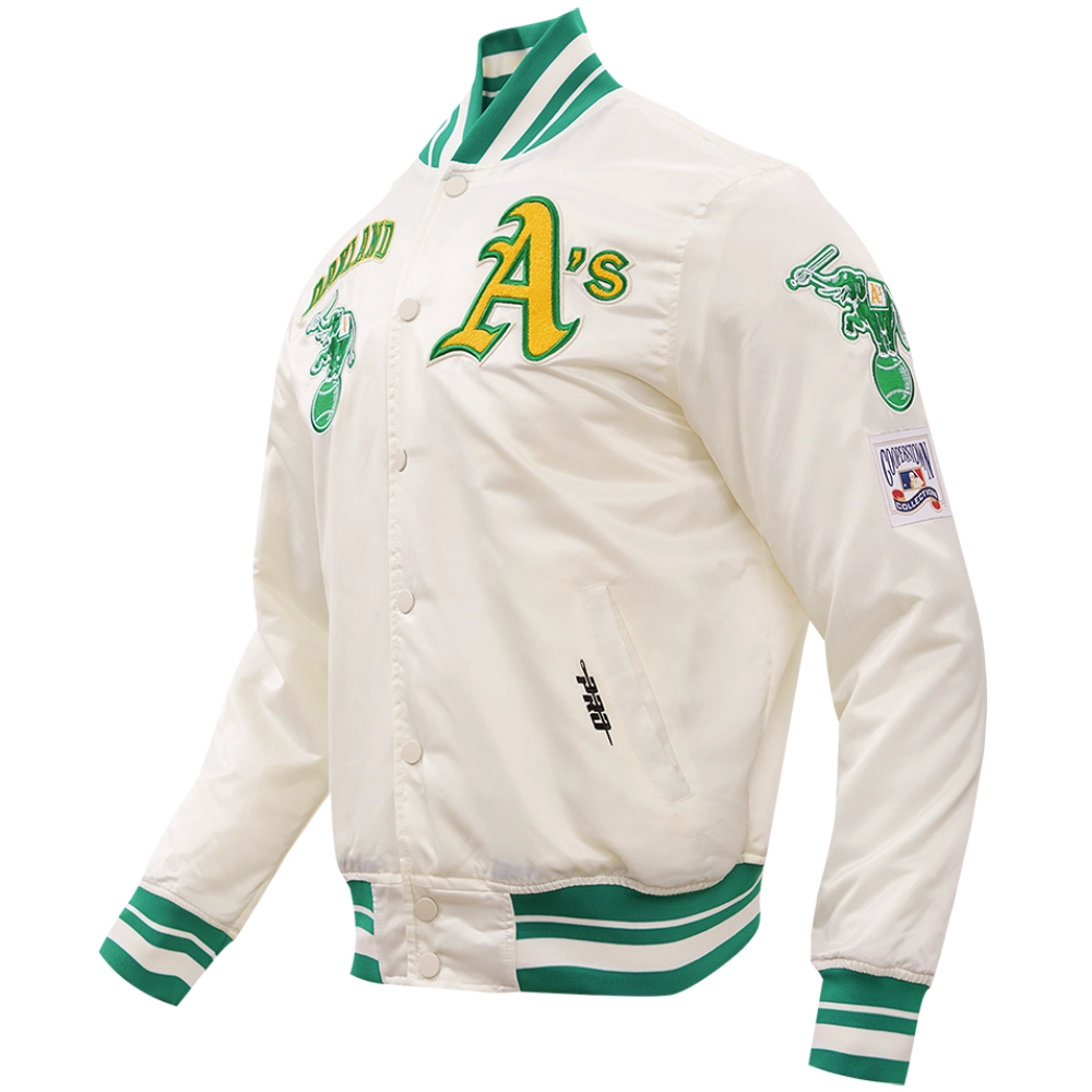 Oakland Athletics Classic Pro Standard Full-Snap Satin Varsity Cream Jacket - Image 3
