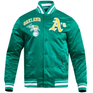 Oakland Athletics Classic Pro Standard Ribbed Knitted Full-Snap Satin Varsity Green Jacket