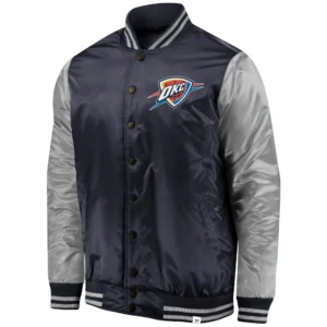 Oklahoma City Thunder Fanatics Branded Iconic Tackle Twill Navy & Silver Satin Varsity Jacket