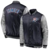 Oklahoma City Thunder Fanatics Branded Iconic Tackle Twill Navy & Silver Satin Varsity Jacket - Image 3