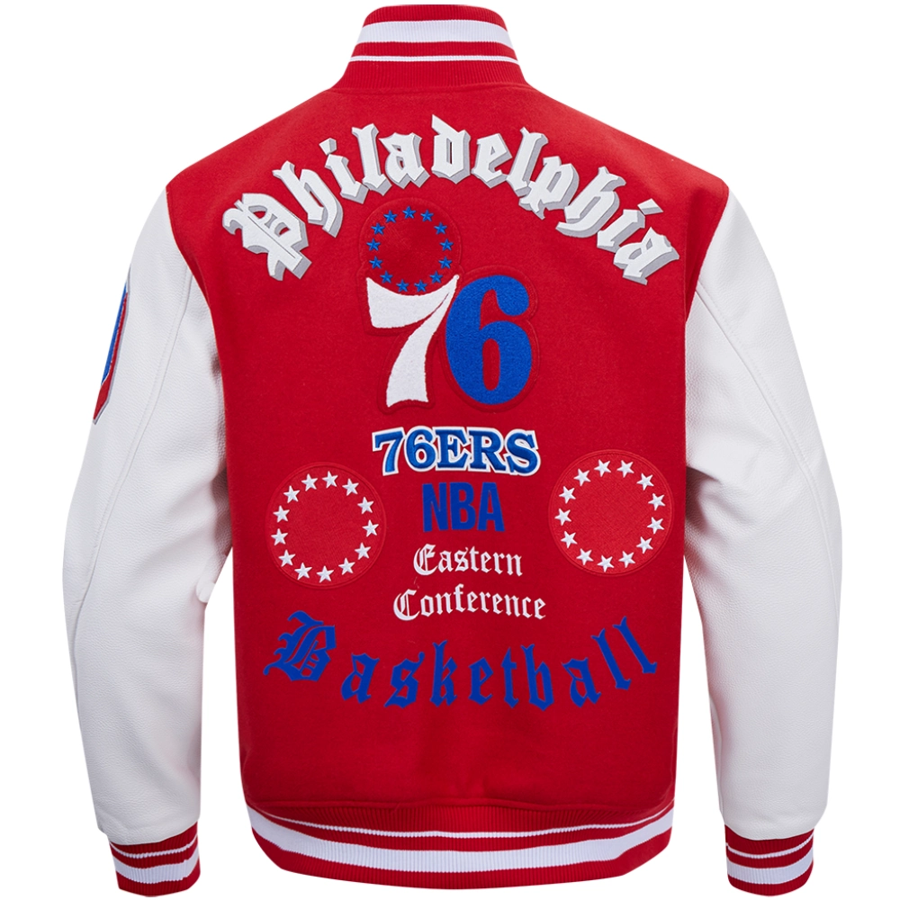 Philadelphia 76ers Old English Classic Rib Knitted Wool & Leather Varsity Jacket - Image 2