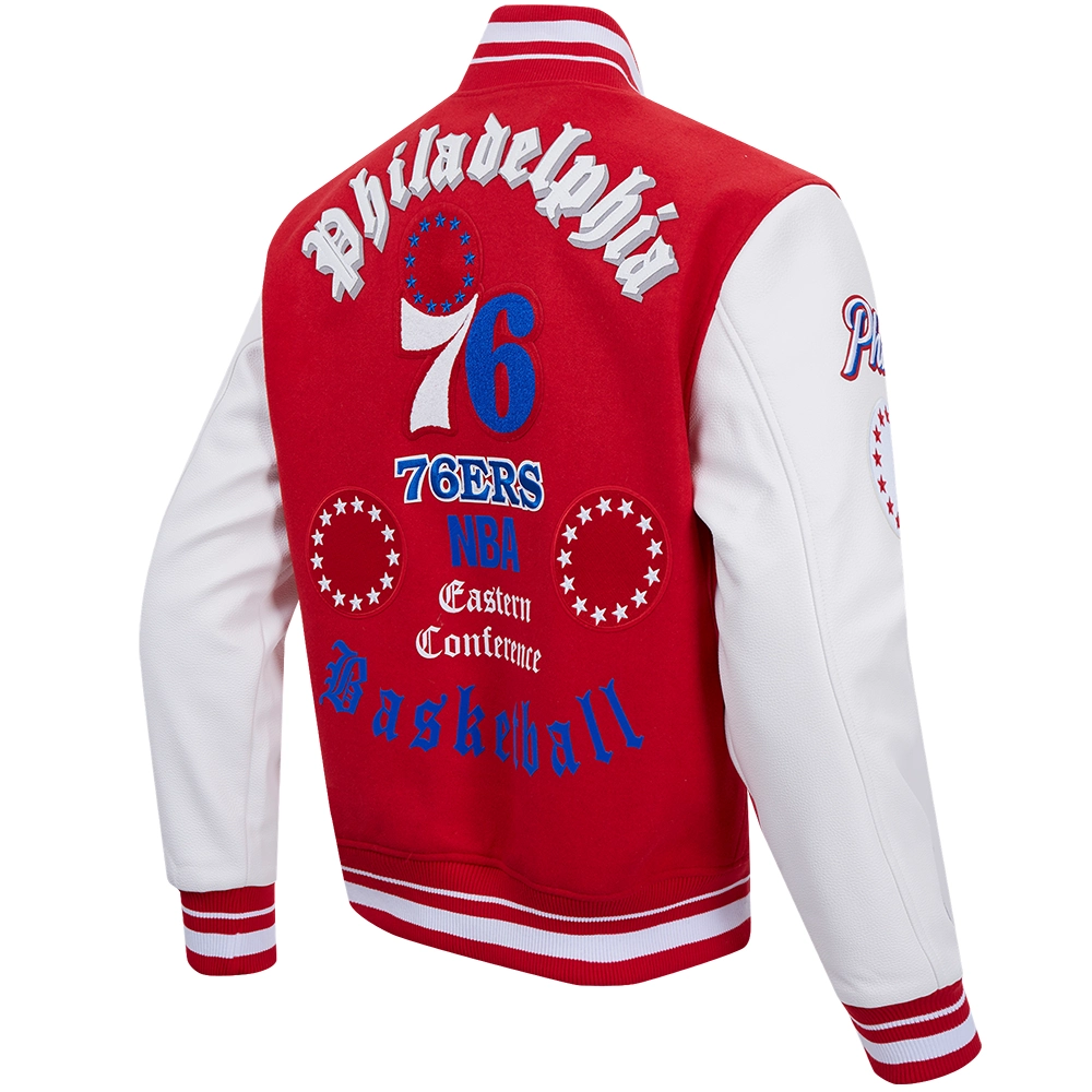 Philadelphia 76ers Old English Classic Rib Knitted Wool & Leather Varsity Jacket - Image 3