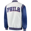 Philadelphia 76ers The Enforcer Classic Rib Satin Varsity Jacket White & Blue - Image 2