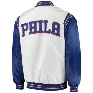 Alternative view of Philadelphia 76ers The Enforcer Classic Rib Satin Varsity Jacket White & Blue