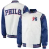Philadelphia 76ers The Enforcer Classic Rib Satin Varsity Jacket White & Blue - Image 3