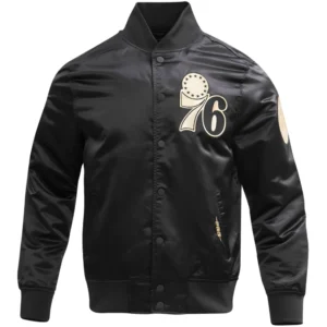 Philadelphia 76ers Black & Gold Logo Full-Snap Satin Varsity Black Jacket