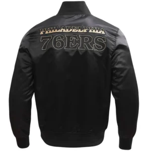 Alternative view of Philadelphia 76ers Black & Gold Logo Full-Snap Satin Varsity Black Jacket