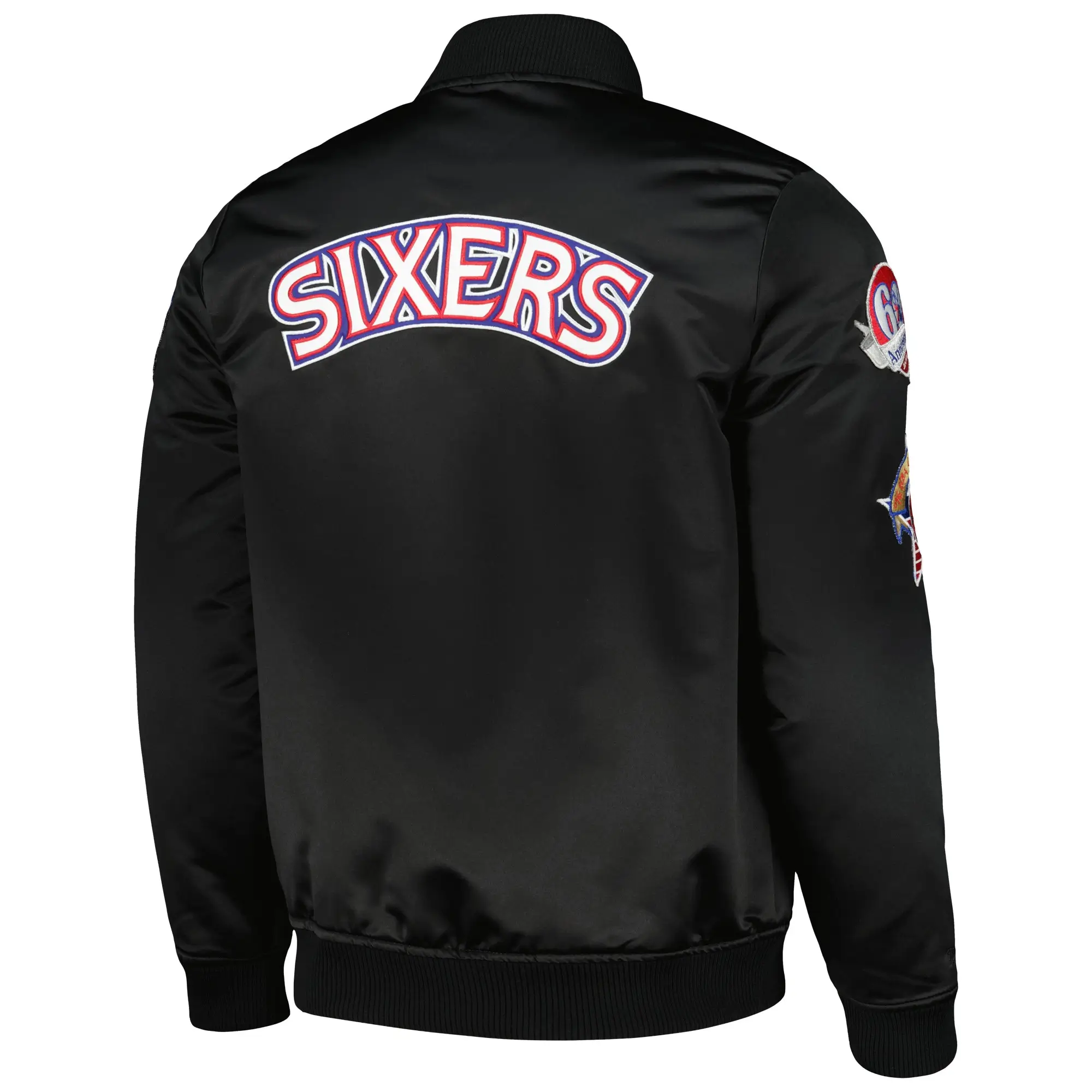 Philadelphia 76ers Hardwood Classics Retro Full-Zip Satin Varsity Jacket - Image 2