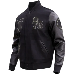 Philadelphia 76ers Triple Black Pro Standard Gold Stitch Black Varsity Jacket