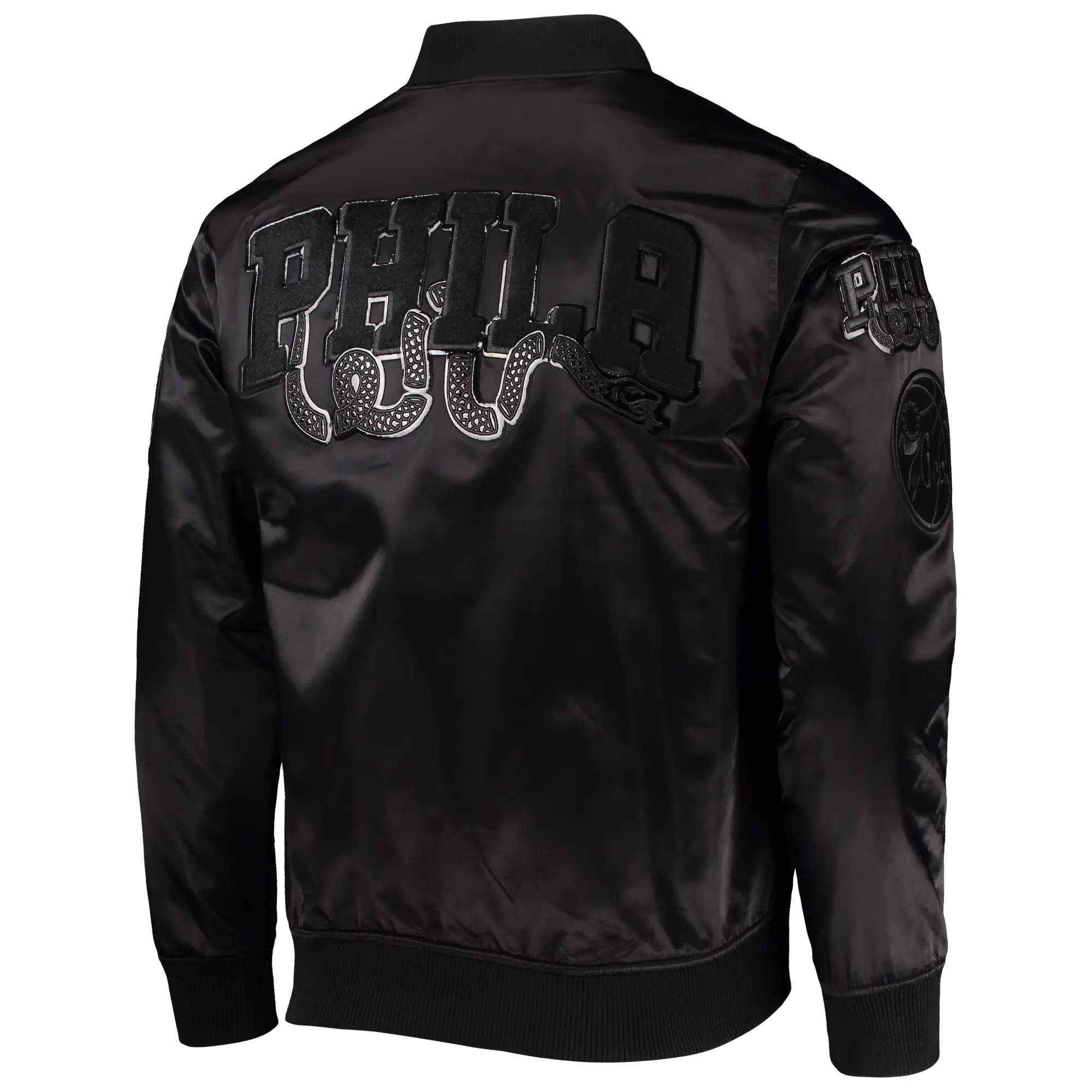 Philadelphia 76ers Pro Standard Triple Black Satin Varsity Jacket - Image 2