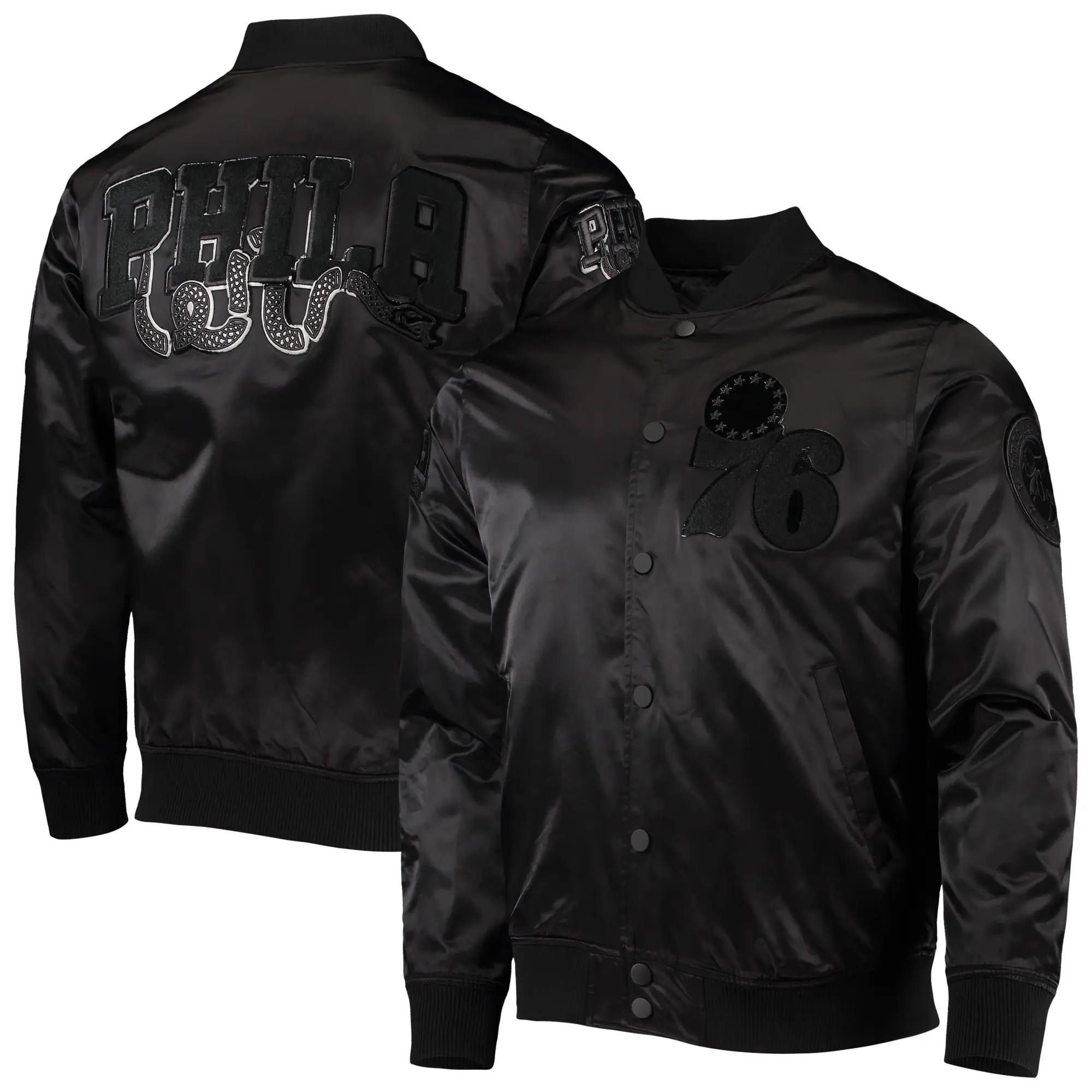 Philadelphia 76ers Pro Standard Triple Black Satin Varsity Jacket - Image 3