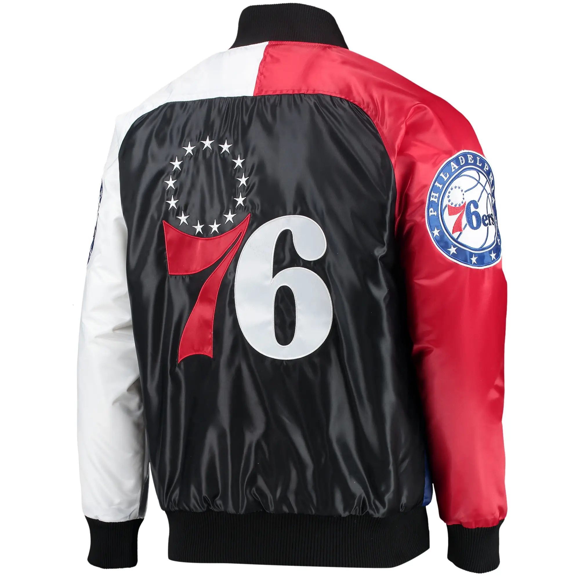 Philadelphia 76ers Reliever Starter Tricolor Remix Full-Snap Satin Varsity Jacket - Image 2