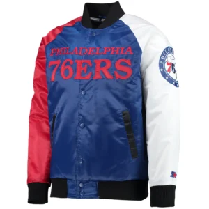 Philadelphia 76ers Reliever Starter Tricolor Remix Full-Snap Satin Varsity Jacket
