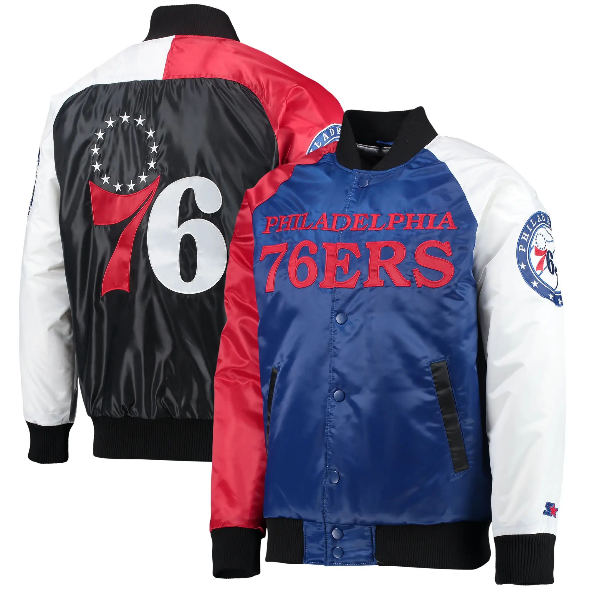 Philadelphia 76ers Reliever Starter Tricolor Remix Full-Snap Satin Varsity Jacket - Image 3