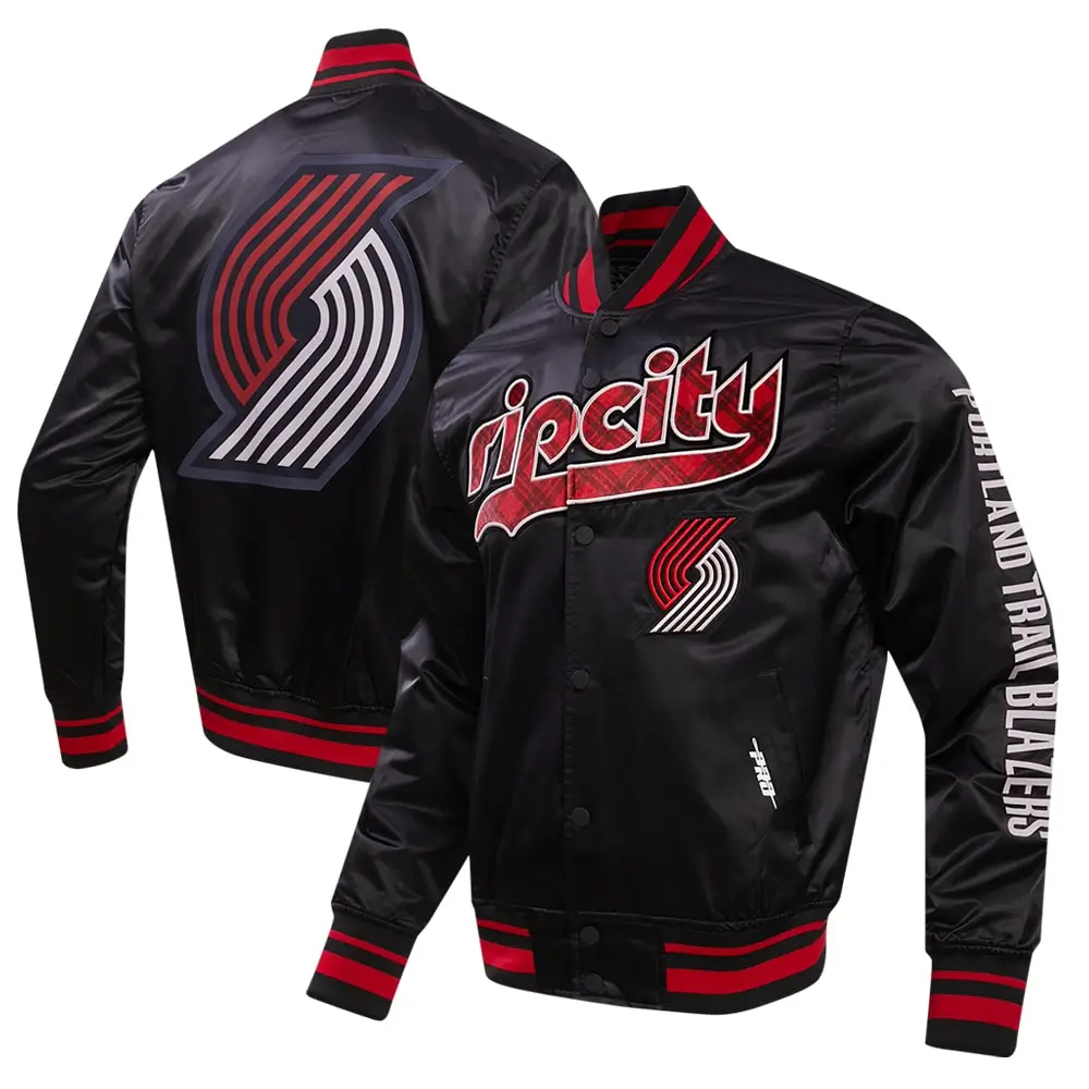Portland Trail Blazers Wordmark Satin Black Varsity Jacket - Image 3