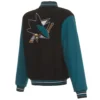 San Jose Sharks Logos Reversible Black/Teal Full Wool Two Tone Varsity Jacket - Image 2