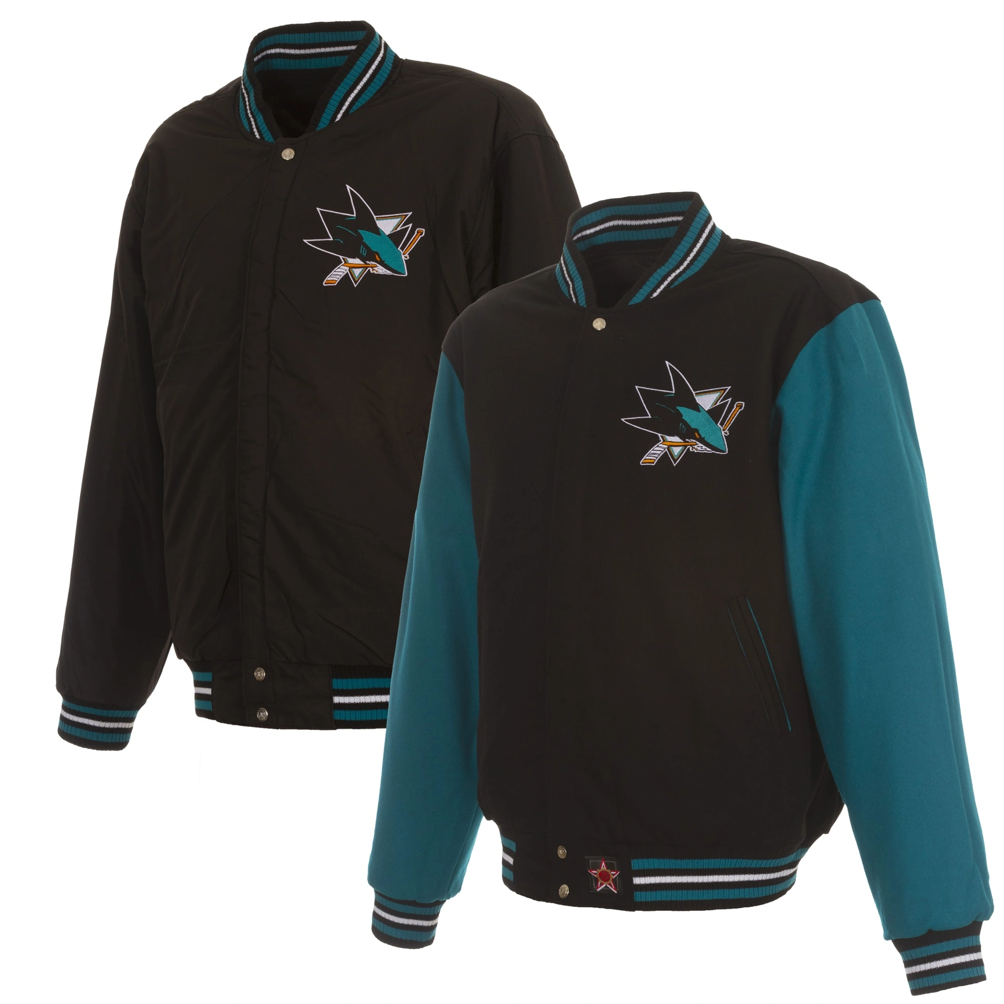 San Jose Sharks Logos Reversible Black/Teal Full Wool Two Tone Varsity Jacket - Image 4