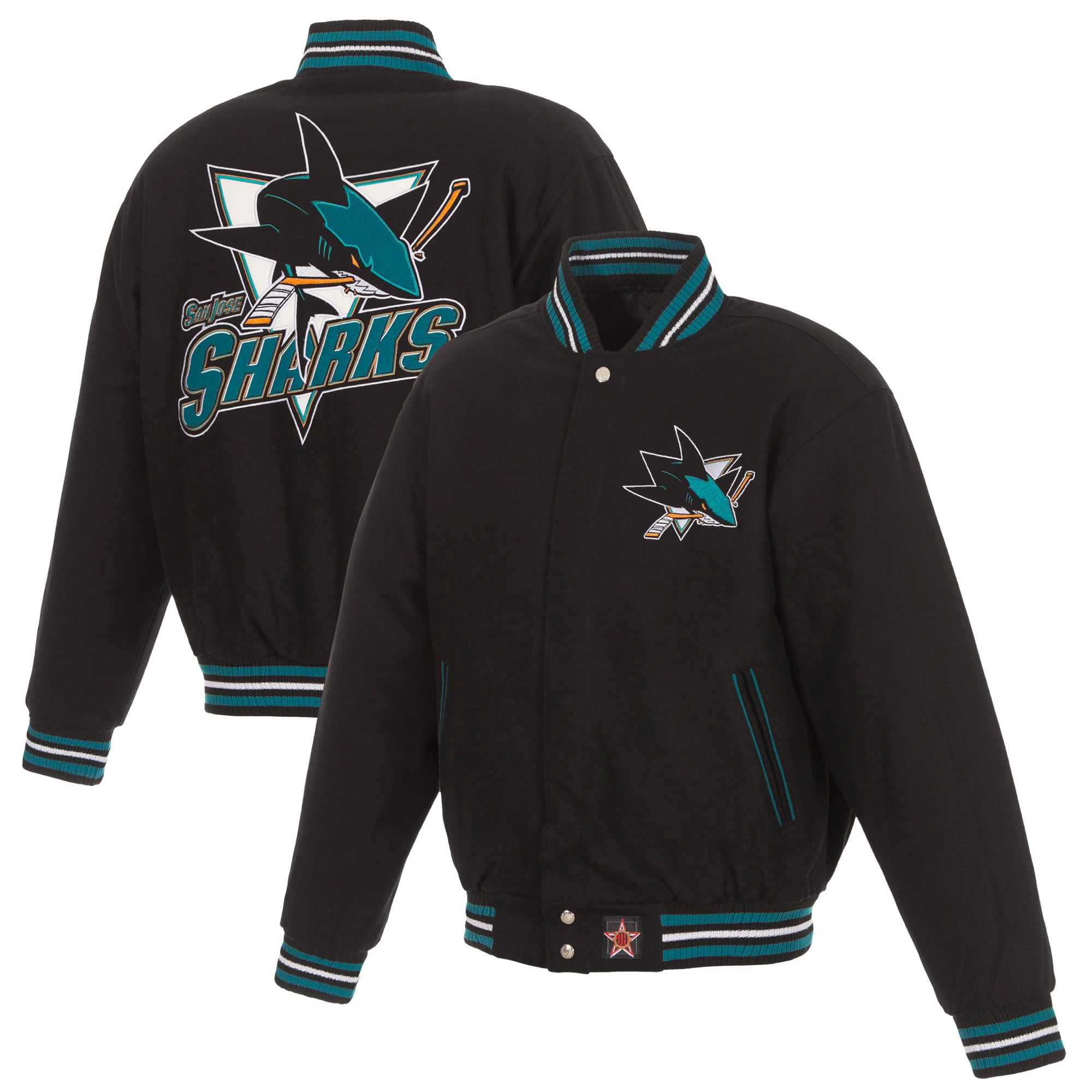 San Jose Sharks Reversible Black/Teal Full Wool One Color Varsity Jacket - Image 4
