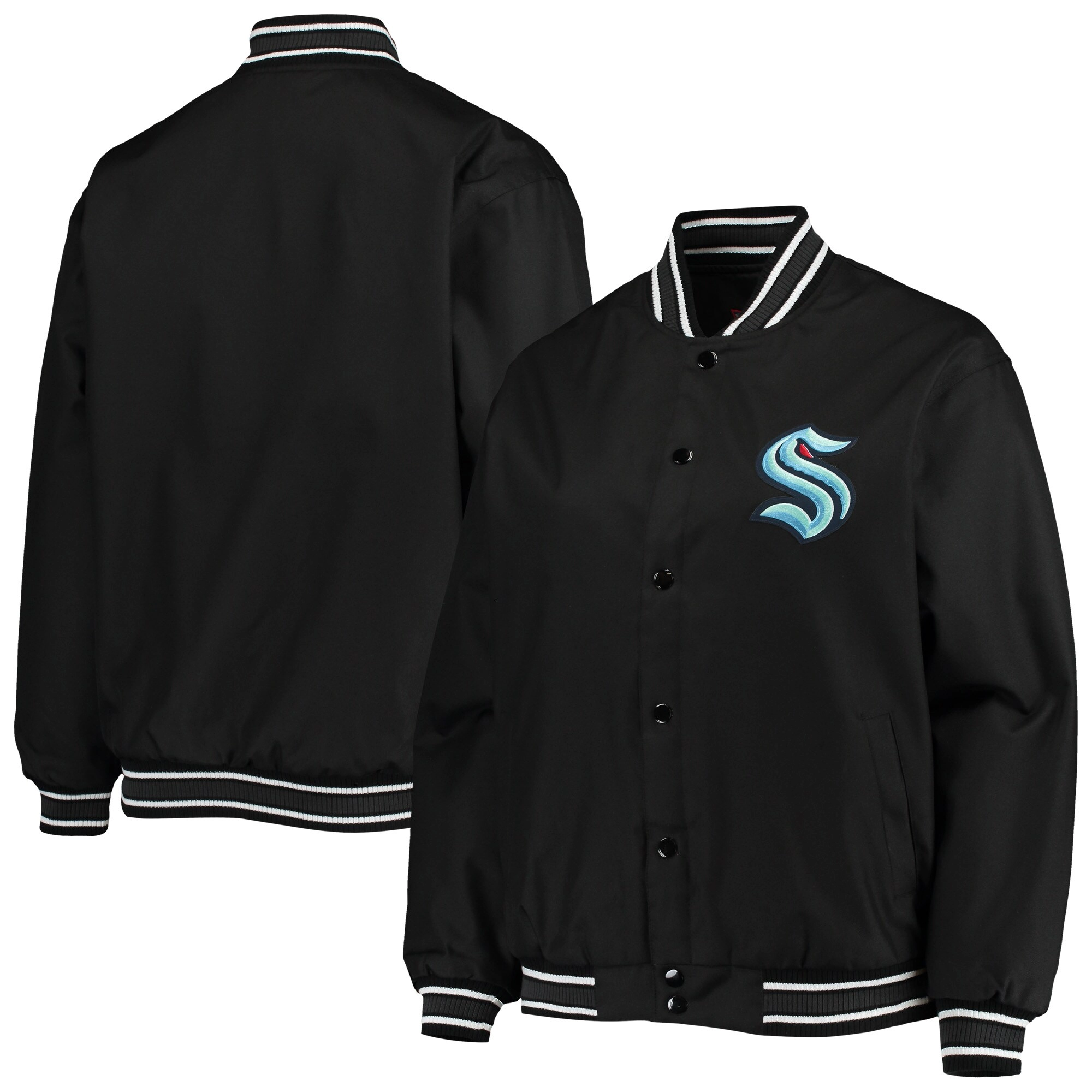 Seattle Kraken Logo Full Black Satin Varsity Jacket - Image 4