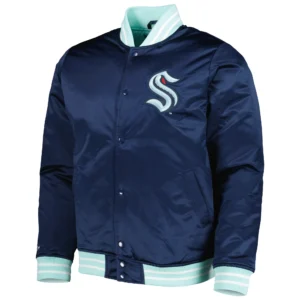 Seattle Kraken Heavyweight Full-Snap Logo Navy Satin Varsity Jacket