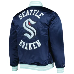 Alternative view of Seattle Kraken Heavyweight Full-Snap Logo Navy Satin Varsity Jacket