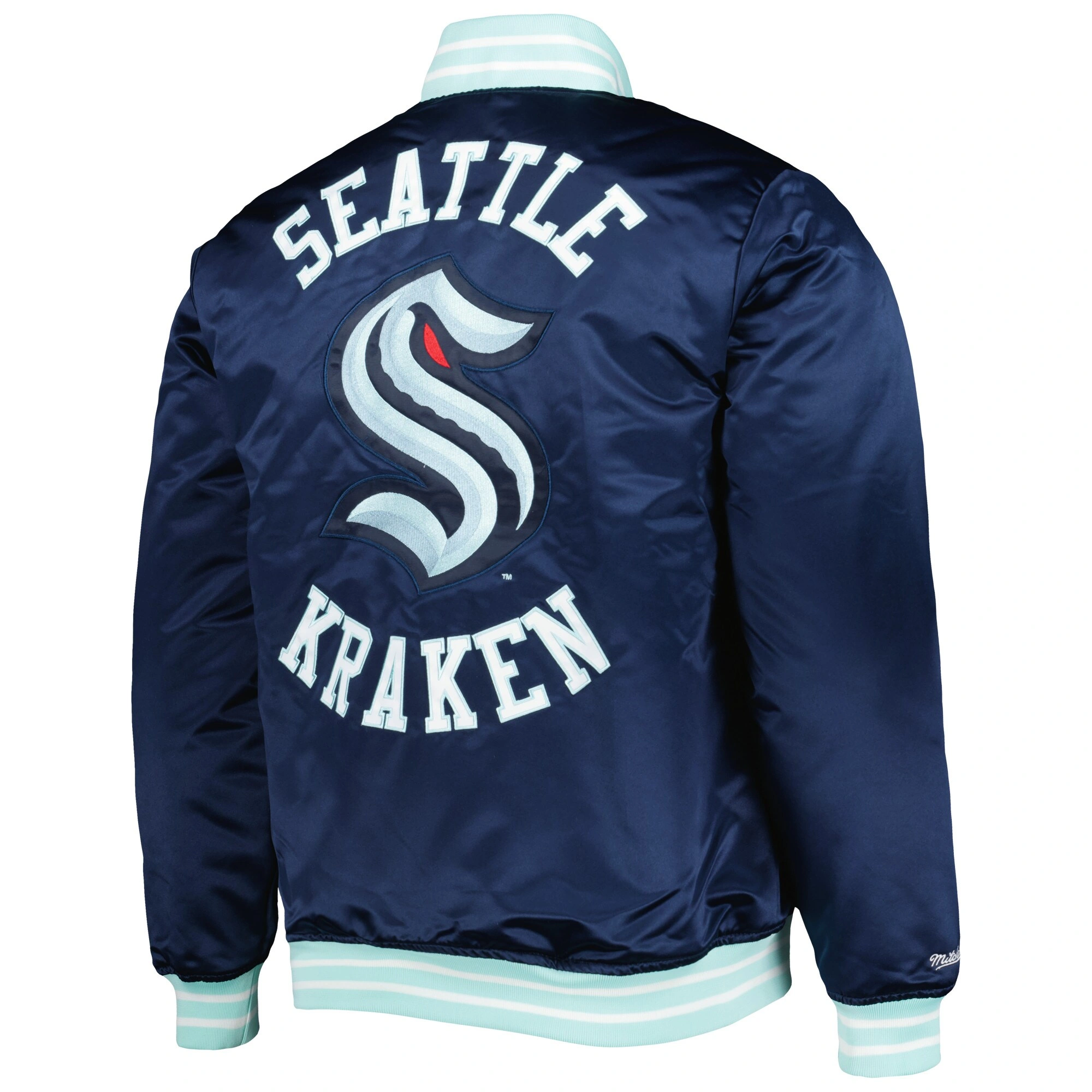 Seattle Kraken Heavyweight Full-Snap Logo Navy Satin Varsity Jacket - Image 2