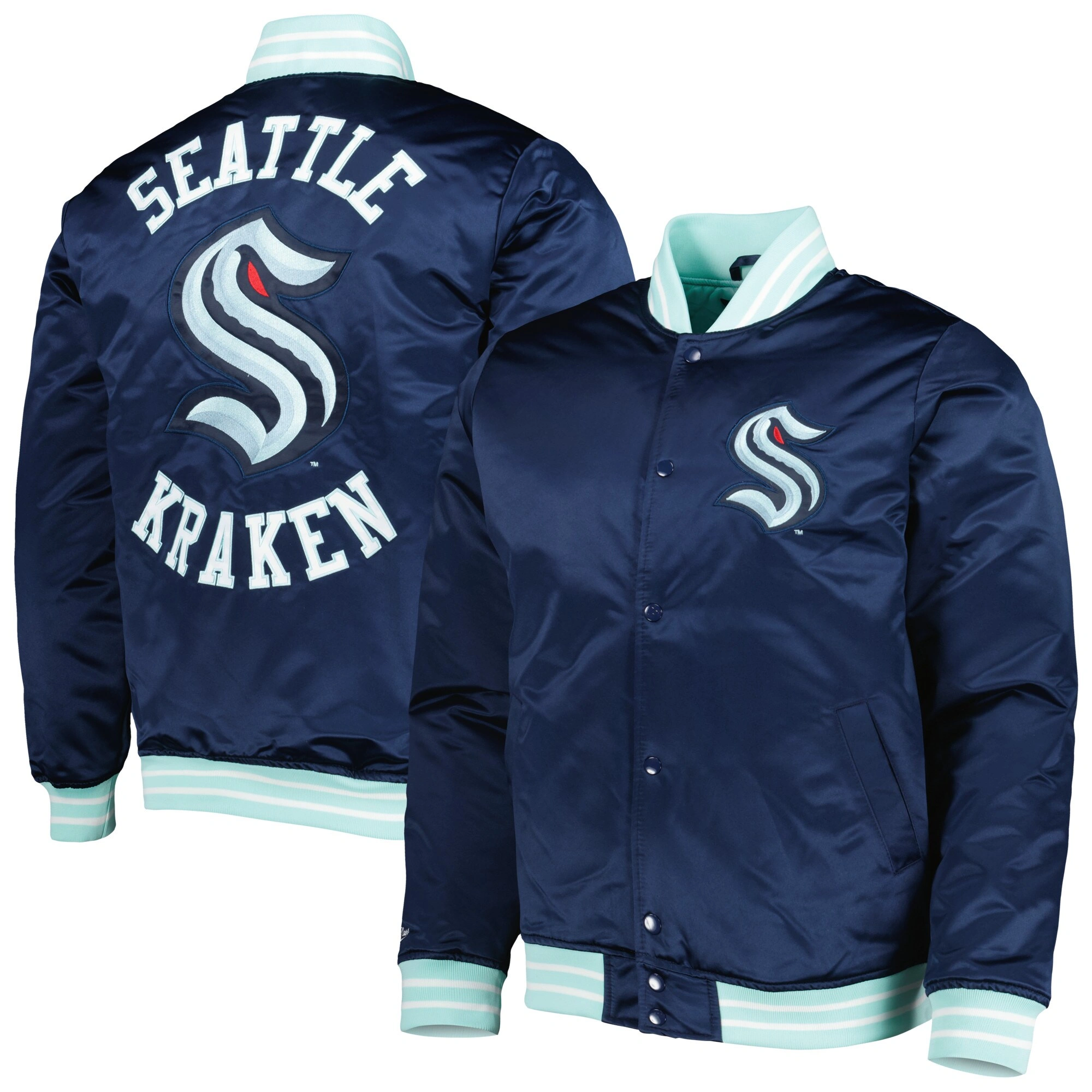 Seattle Kraken Heavyweight Full-Snap Logo Navy Satin Varsity Jacket - Image 4