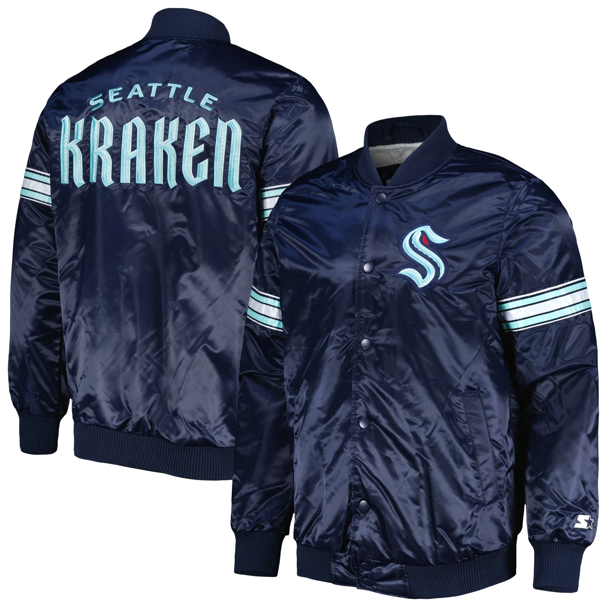 Seattle Kraken Pick & Roll Navy Satin Varsity Jacket - Image 4