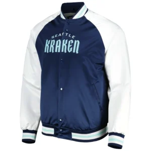 Seattle Kraken Lead Off Primetime Navy & White Raglan Satin Varsity Jacket