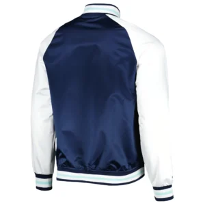 Alternative view of Seattle Kraken Lead Off Primetime Navy & White Raglan Satin Varsity Jacket