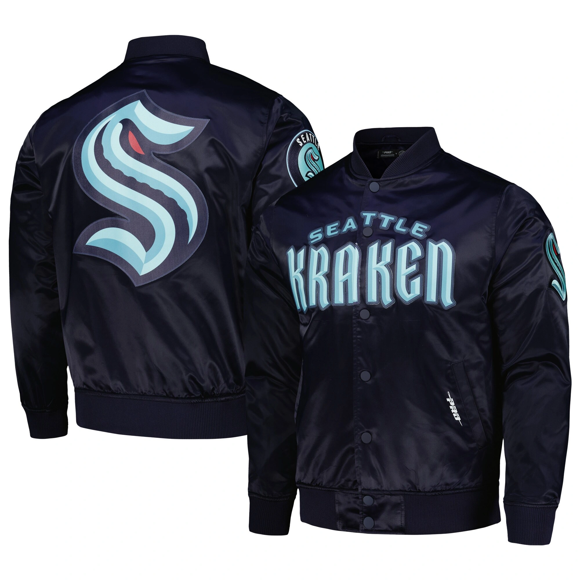 Seattle Kraken Pro Standard Classic Deep Sea Blue navy Satin Varsity Jacket - Image 3