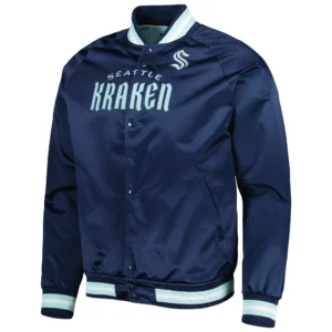 Seattle Kraken Throwback Wordmark Raglan Full-Snap Navy Satin Varsity Jacket