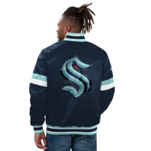Alternative view of Seattle Kraken Starter Home Game Navy Satin Varsity Jacket