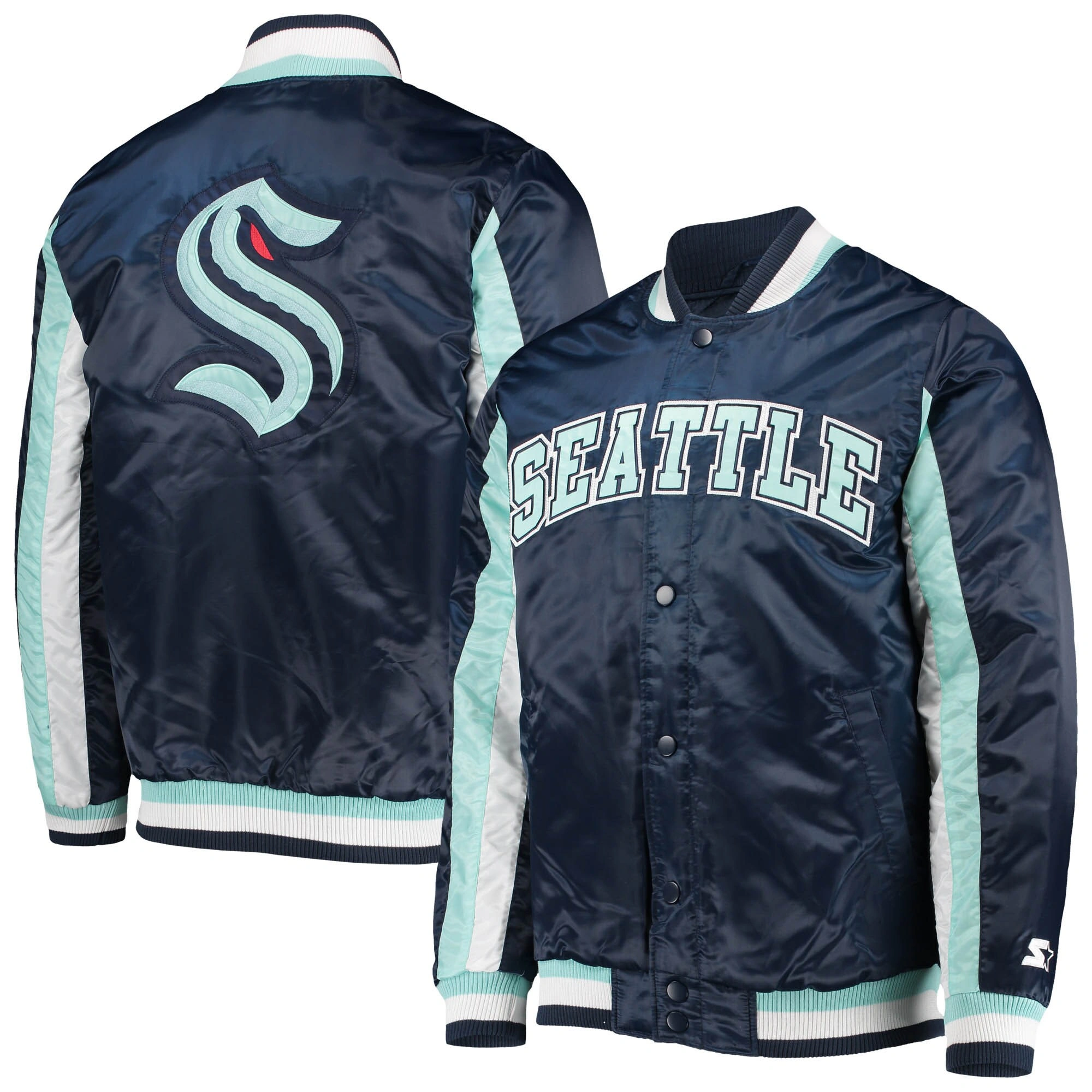 Seattle Kraken Starter Navy The Ace Satin Varsity Jacket - Image 4