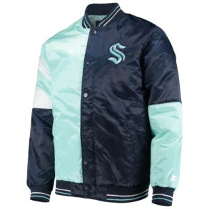 Seattle Kraken Starter Navy/Light Blue The Leader Varsity Satin Varsity Jacket