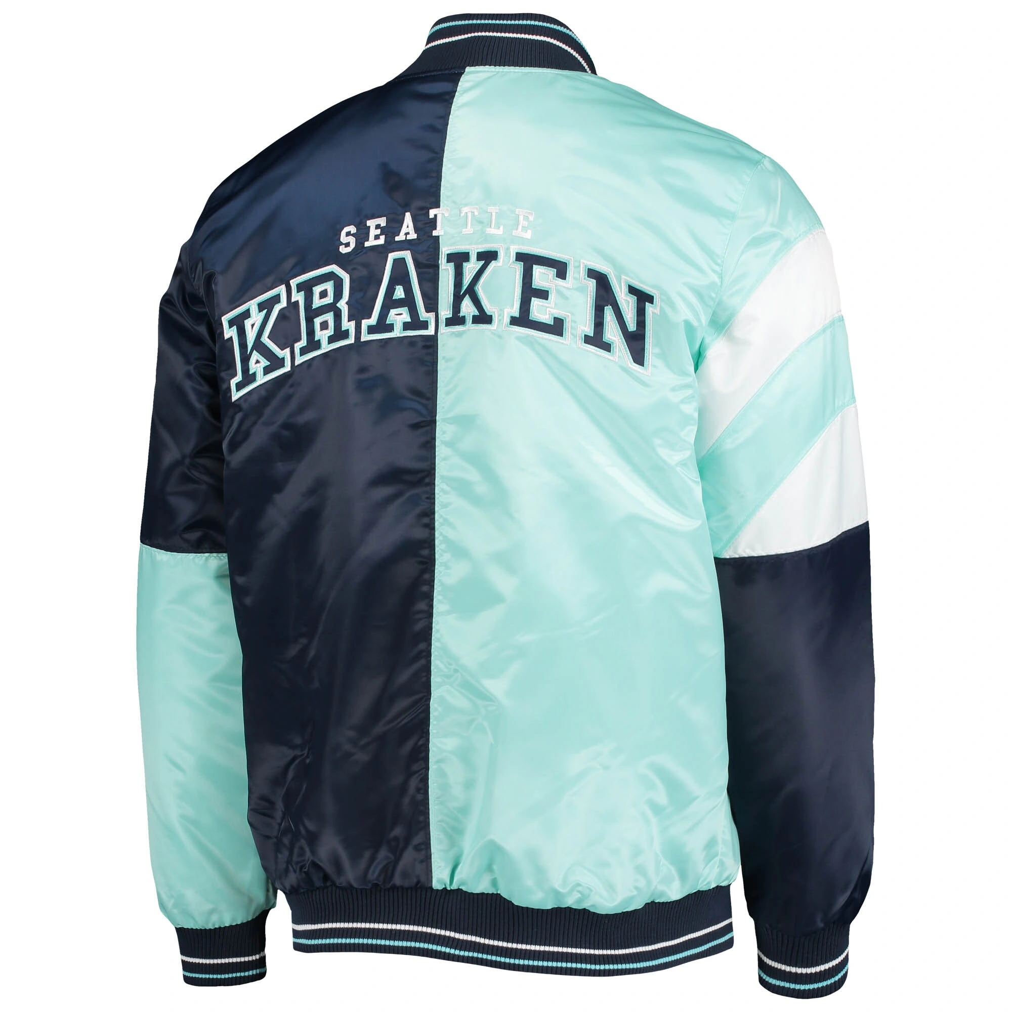 Seattle Kraken Starter Navy/Light Blue The Leader Varsity Satin Varsity Jacket - Image 2