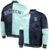 Seattle Kraken Starter Navy/Light Blue The Leader Varsity Satin Varsity Jacket - Image 4