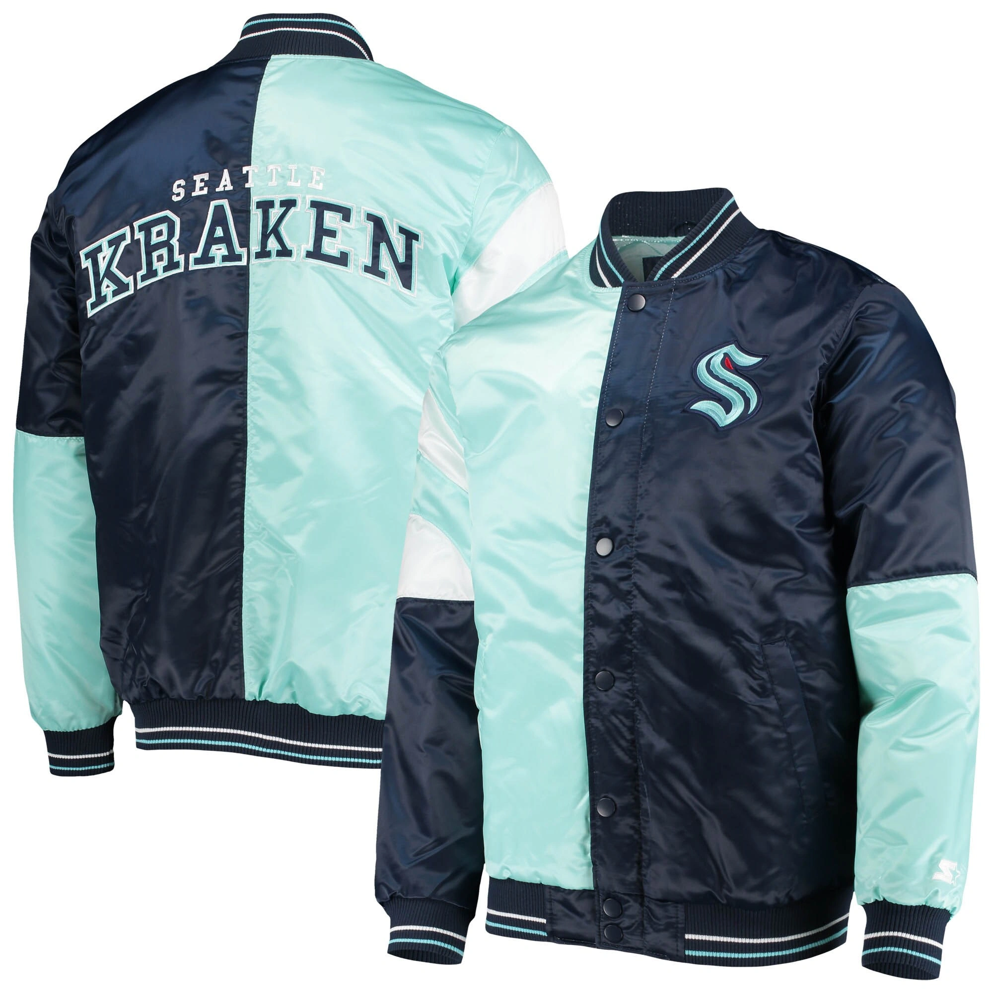 Seattle Kraken Starter Navy/Light Blue The Leader Varsity Satin Varsity Jacket - Image 4