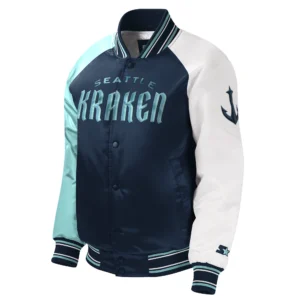 Seattle Kraken Reliever Starter Navy/White/Sky Blue Youth Raglan Satin Varsity Jacket