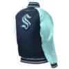 Seattle Kraken Reliever Starter Navy/White/Sky Blue Youth Raglan Satin Varsity Jacket - Image 2