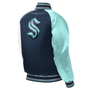 Alternative view of Seattle Kraken Reliever Starter Navy/White/Sky Blue Youth Raglan Satin Varsity Jacket