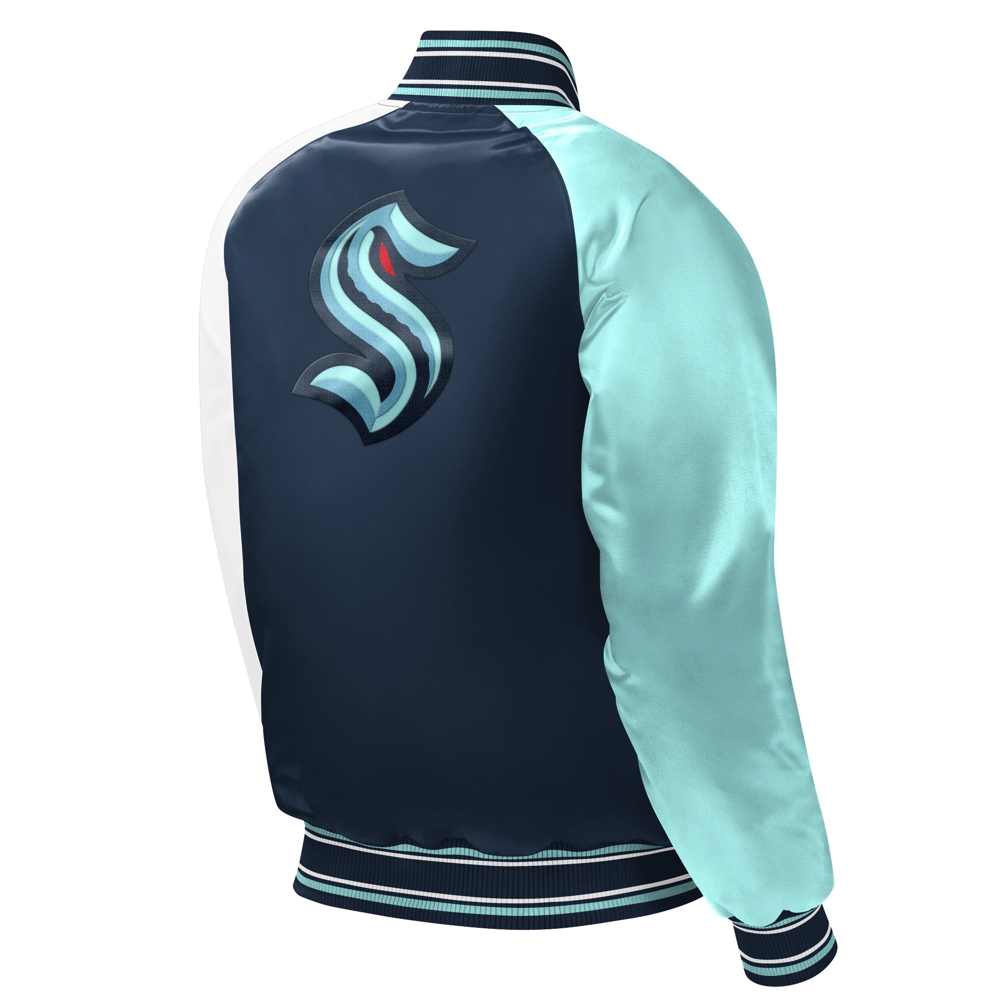 Seattle Kraken Reliever Starter Navy/White/Sky Blue Youth Raglan Satin Varsity Jacket - Image 2